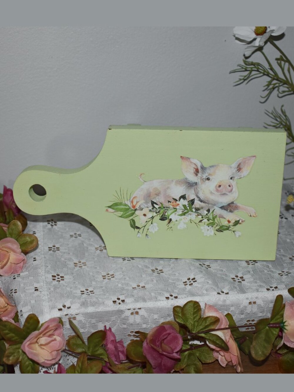 Vintage Handmade Farmhouse Green Pig Flower Wood Butcher Block Riser Decor